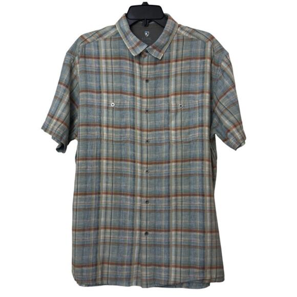 Kuhl Skorpio Plaid Linen Blend Short Sleeve Up Shirt Men's XL Blue Rust - Picture 1 of 12